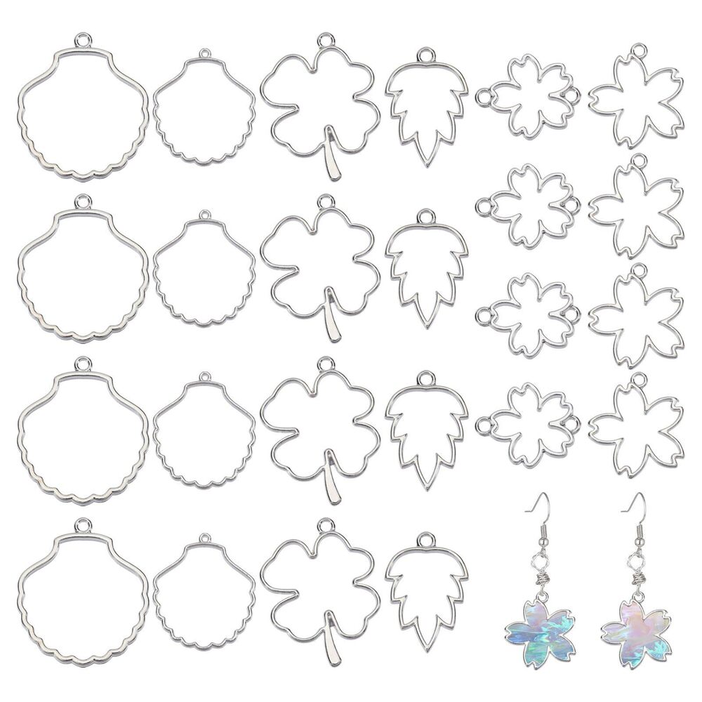 1880 24 Pcs 6 Style Open Bezel Pendant Leaf and Flowers Alloy Hollow